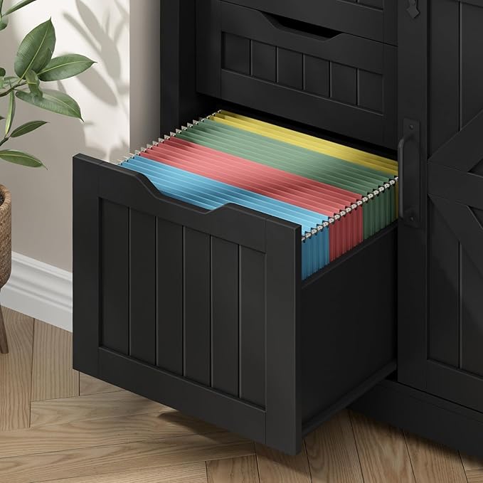 Halitaa Lateral File Cabinets with Adjustable Shelf, Farmhouse Filing Cabinet with Lock for Home Office, Filing Organization Storage Cabinets with Sliding Barn Door for Hanging Files Letter/A4,Black