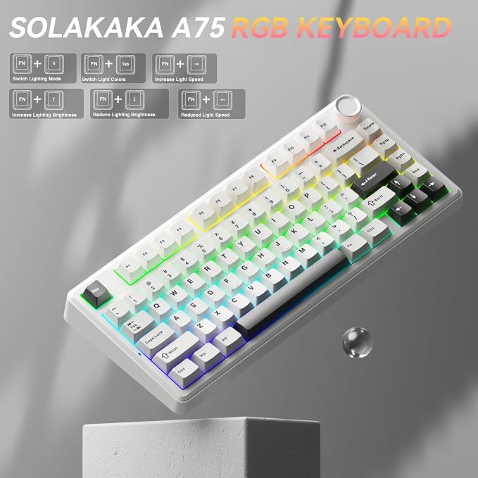 SOLAKAKA A75 75% Wireless Mechanical Keyboard, Hot Swappable Gaming Keyboard with Multifunction Knob & RGB, Gasket Mounted Creamy Keyboard, PBT Keycaps, Compact Layout for Win/Mac/PC