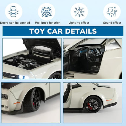 Car Toys for Boys 1/24 Diecast Cars Hellcat SRT Collectibles Model Kit,Pull Back Metal Toy Car with Lights and Sounds,Toy Cars for Boys Age 4-7（White）