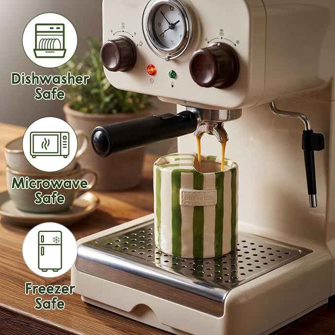 10oz Ceramic Coffee Mug with Sip Hole, Striped Espresso Cups for Hot & Cold Drinks and Microwave & Dishwasher & Freezer Safe, Ideal for Home Desk Kitchen Office Dorm Cafe Travel Daily - Green