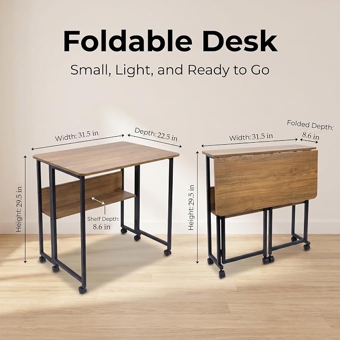 Mobile Foldable Computer Desk with Lockable Wheels & Fixed Foot Pads,Space Saving Folding Writing Gaming Table with Storage Shelf,Laptop Desk for Bedroom Small Apartment Office