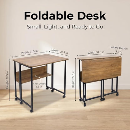 Mobile Foldable Computer Desk with Lockable Wheels & Fixed Foot Pads,Space Saving Folding Writing Gaming Table with Storage Shelf,Laptop Desk for Bedroom Small Apartment Office