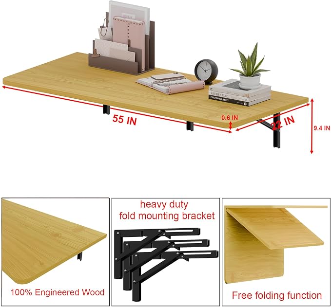IAE 55x22in Floating Fold Desk,Wall-Mounted Folding Computer Table,Natural | Study Table with Shelf Brackets,Foldable Down Shelf with Engineered Wood,Fold Computer Desk for Small Apartment,Holds 513 lb