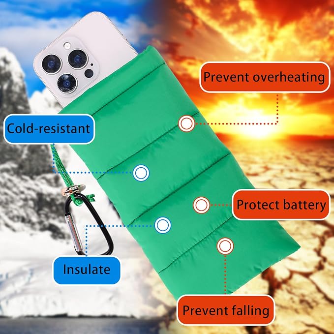 Lyreh Thermal Phone Pouch, Down Cotton Warm Phone Case Cover Bags Prevents Freezing & Overheating Protector Cellphone Pouch with Carabiner Ideal for Outdoor Camping Hiking Skiing (Green)