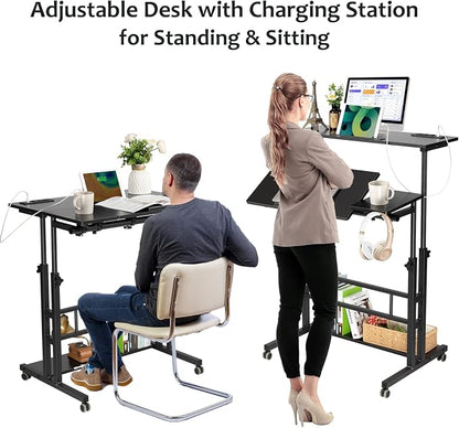 Hadulcet Stand Up Desk, Rolling Desk Adjustable Height, Mobile Standing Desk with Wheels & Charging Station, Portable Stand for Laptop, Rolling Computer Cart TV Tray, Small Standing Desk Drawing Table