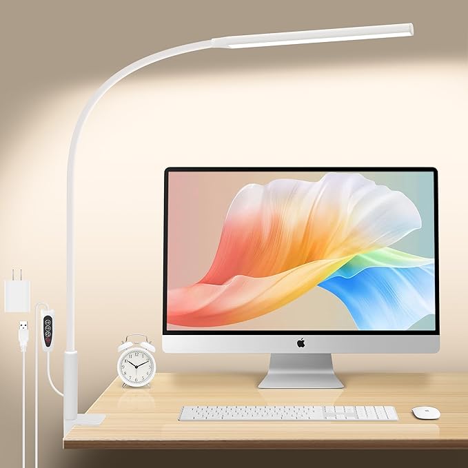 Desk Lamp with Clamp, Stepless Dimming Desk Lamps for Home Office Adjustable Desk Light Eye Caring Desk Lamp Office Lamp with USB Adapter for Working Drawing Sewing (White)