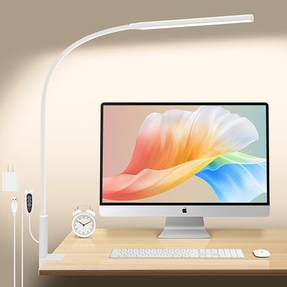 Desk Lamp with Clamp, Stepless Dimming Desk Lamps for Home Office Adjustable Desk Light Eye Caring Desk Lamp Office Lamp with USB Adapter for Working Drawing Sewing (White)
