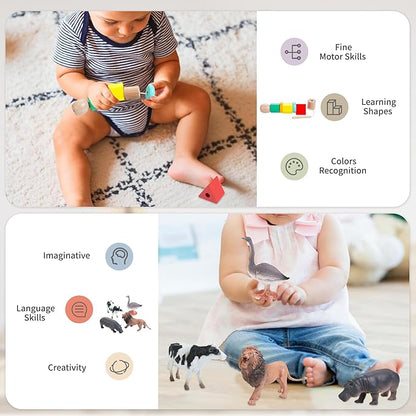 Montessori Toys for 1 2 Year Old, 9 in 1 Wooden Toddler Educational Set, Includes Lock Box, Puzzle, Color Sorting Board, Lacing Beads, Shape Sorter & Animal Figures, Gift for 19-24 Months Boy & Girl