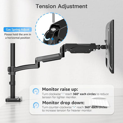 MOUNTUP 27 inch Extra Long Monitor Arm, Single Desk Mount for 22-32 inch, Tall Monitor Stand Holds 4.4-19.8lbs, Height Adjustable Monitors Stand for Desk with C-Clamp/Grommet Base, Black