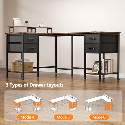 Korfile 59 inch L Shaped Computer Desk with Power Outlets, Rustic Brown | Ideal for Home Office, Bedroom, Corner, 4 Adjustable Storage Drawers, 2 Monitor Stands, Reversible, Two Person Gaming Table