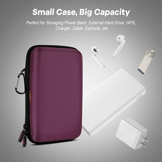 Deep Purple Carrying Case - GLCON Hard Storage Case Electronics Organizer Tech Pouch for Hard Drive, Power Bank, Cell Phone, Charger Enclosure - Portable Travel Pouch Bag with Carabiner