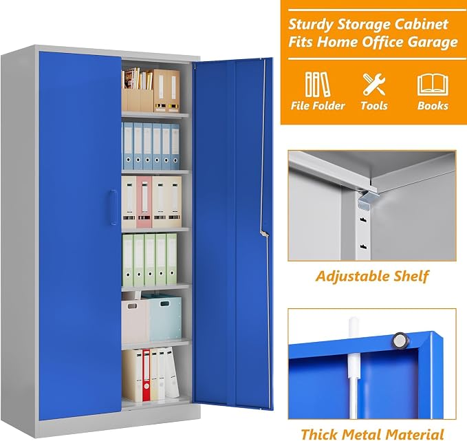 STANI Metal Garage Storage Cabinet with Lock, 71" Steel Lockable File Cabinet, Locking Steel Storage Cabinet with 5 Adjustable Shelves for Home, Office, Garage, Warehouse (Blue Grey, 2 Door - 71" H)