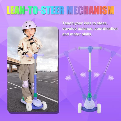 Rahmory Kids Scooter for Boys Girls Ages 3-8, 3 Wheel Light Up Toddler Kick Scooter with 20 Dynamic LED Modes, Foldable Adjustable Height, Extra Wide Deck, Lean to Steer Outdoor Toy Gift