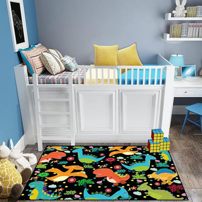 Dino Rugs for Boys Room Kids Play Rug Dinosaur Play Rug Dinosaur Carpet Dinosaur Rug Dinosaur Cartoon Carpet for Boys and Girls Bedroom Classroom,Black 4'×5'