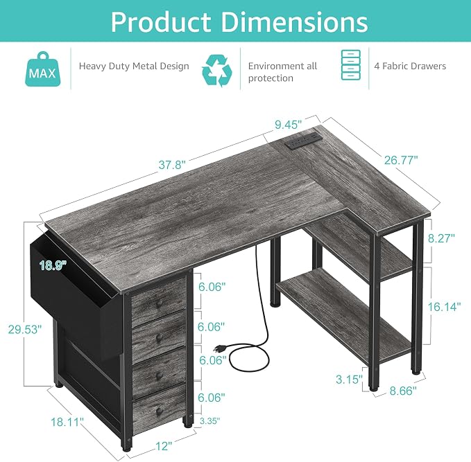 Lufeiya L Shaped Computer Desk with Drawers & Storage Shelves, 47 Inch Small Corner Desk with Power Outlet for Home Office Bedroom, L-Shaped Gaming PC Desks with Fabric Drawer, Gray