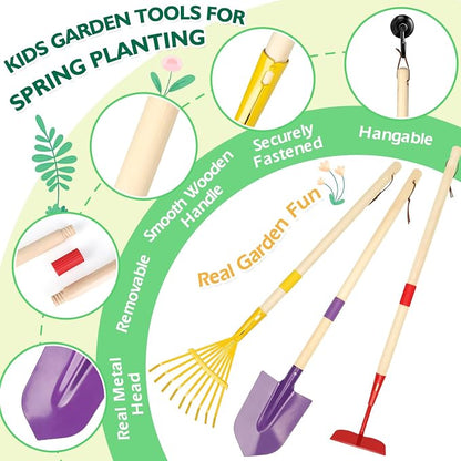 FHOZGECY Kids Gardening Set with Wheelbarrow, Metal Gardening Tools with Apron, Gloves, Watering Can, Repotting Mat, Flower Pots, Outdoor Backyard Play Learning Toys for Boys Girls Ages 3-8