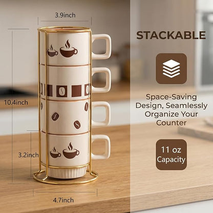 Stackable Coffee Mug Sets of 4 with Rack Tea Cup Set with Spoon 11oz for Coffee, Tea, Cocoa, Cappuccino, Hot Chocolate Ceramic Espresso Cups with Coffee Cup Holder, theme of Trendy