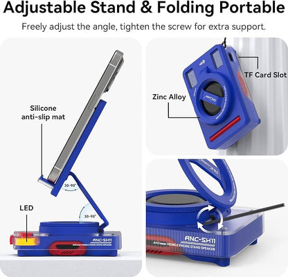 ANCwear Bluetooth Speaker Phone Stand for Desk, Portable Wireless Speaker with Adjustable Cell Phone Holder, Bluetooth 5.4 Audio Stand with TF Card Slot for Kitchen Bedside, Cool Tech Gift (Blue)