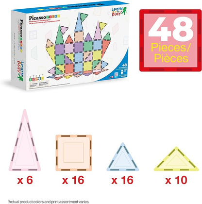 PicassoTiles 48PC Magnetic Tiles Pastel Building Construction Stacking Toy STEM Montessori Educational Magnet Tile Sensory Learning Playset For Toddlers Preschool Elementary Boys Girls Ages 3+ PTJ48JN