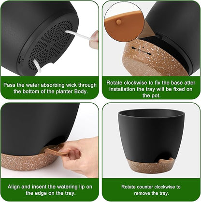 Plant Pots 10/9/8/7.5/7 Inch Self Watering Pots, Set of 5 Plastic Planters with Drainage Holes and Saucers,Plastic Flower Pots,Nursery Planting Pot for Indoor Out Door Plants(Black Brown)