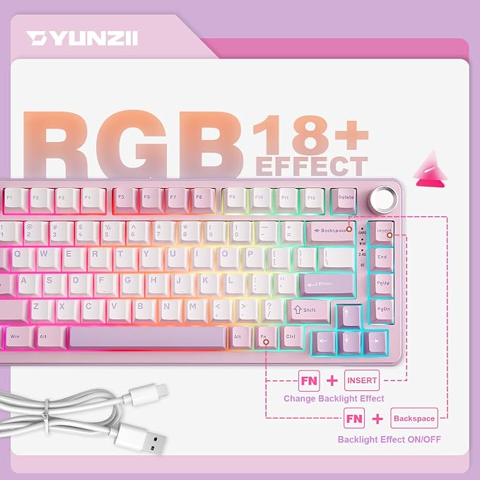 YUNZII B75 PRO 75% Wireless Mechanical Keyboard (Purple, Milk Switch) | Hot Swap Keyboard with Knob, Gasket Mount, Creamy Pre-lubed Switch for Smooth Typing, BT/USB-C/2.4G, for Gaming