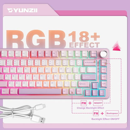 YUNZII B75 PRO 75% Wireless Mechanical Keyboard (Purple, Milk Switch) | Hot Swap Keyboard with Knob, Gasket Mount, Creamy Pre-lubed Switch for Smooth Typing, BT/USB-C/2.4G, for Gaming