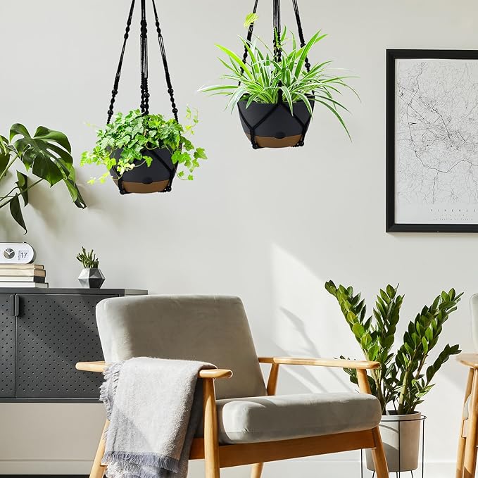 2 Pack Hanging Planters Set,10 Inch Indoor Outdoor Hanging Plant Pot Basket,Hanging Flower Pot with Drainage Hole with 3 Hooks for Garden Home… (Black Hanger Black Planters)