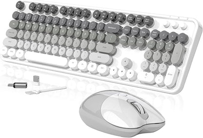 Creamy Wireless Keyboard and Mouse, MOFII 104 Round Keycaps Retro Typewriter with OTG & Brush, Full-Size Ergonomic, Ideal for Windows PC, Home, Office and College Gray White