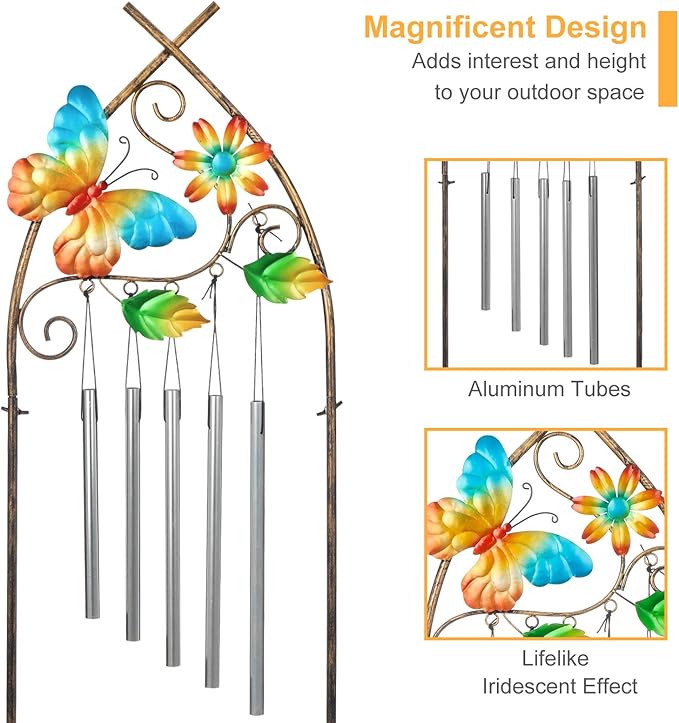 Garden Trellis with Plant Stands, 48” Metal Detachable Butterfly Plant Pot Trellis with Wind Chimes for Climbing Plants Outdoor Lawn Patio Porches Decor