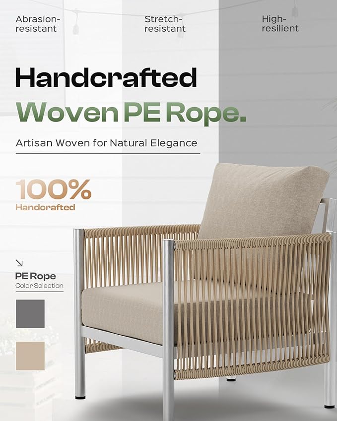 Aluminum Outdoor Patio Couch, 3 Seats HDPE Rope Patio Sofa with Washable Thick Cushion, All-Weather Patio Furniture for Balcony, Yard, Silver Frame, Beige