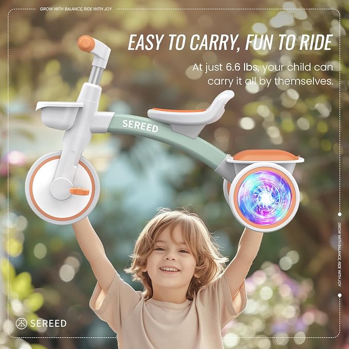 SEREED Colorful Lighting Toddler Tricycle for 2-5 Years Old Boys Girls, Adjustable Seat&Handlebar Trike, Removable Basket, Birthday Gift Idea for Kids Ages 2+ (Green)