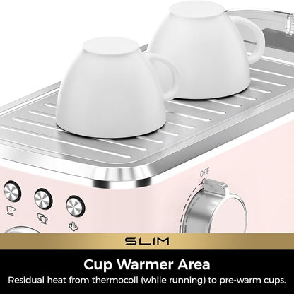 CHULUX Slim Espresso Machine with Milk Frother for Home Cappuccino, Pink | Precise Pressure Gauge, Food-Grade Materials, 20 Bar Italian Pump, Professional Temperature Control System, Stainless Steel