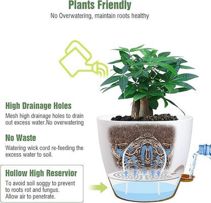 12 inch Large Self Watering Pots, Plastic Planters with 60oZ Removable Deep Reservoir and Multi Mesh Drainage Holes for Indoor Outdoor Garden Plants and Flowers, White with Brown
