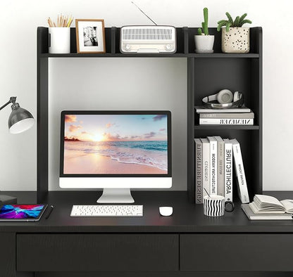 LDAILY Desktop Shelf, Multipurpose Wood Desk Hutch for Max 27" Computer Monitor, Countertop Storage Hutch with 5 Shelves, 3 Tier Desktop Display Rack for Dorm Office Home(Black)