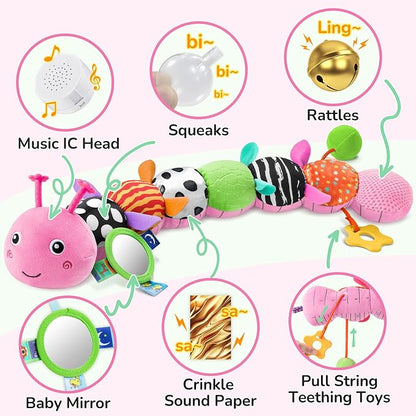 AWOTOY Baby Toys 6-12 Months Music Caterpillar Infant Toys Stuffed Animals 0-3-6 Months Teething Tummy Time Sensory Toys with Mirror Rattle&Pull String Boys Girls Shower Birthday Gifts