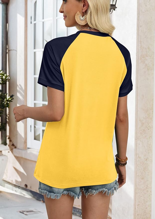 WIHOLL Womens Summer Tops Color Block Short Sleeve Raglan Shirts Spring Fashion Clothes Vacation Outfits