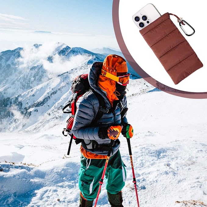 Lyreh Thermal Phone Pouch, Down Cotton Warm Phone Case Cover Bags Prevents Freezing & Overheating Protector Cellphone Pouch with Carabiner Ideal for Outdoor Camping Hiking Skiing (Brown)