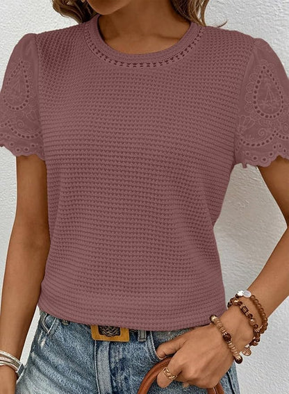 SHEWIN Womens Frenchy Summer Tops Crewneck Short Sleeve T Shirts Casual Waffle Knit Jacquard Blouses Top Shirts