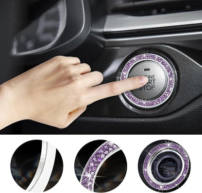 Kewucn 2 PCS Bling Crystal Double Rhinestone Car Engine Start Decoration Ring, Sparkling Push Start Button Sticker, Key Ignition & Knob Ring Decoration, Bling Car Interior Accessory(Purple)