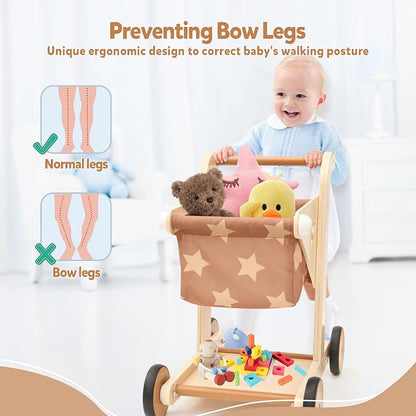 Asweets 2 in 1 Wooden Baby Walker Push and Pull Doll Stroller, Shopping Cart Learning Walker for Boys and Girls, Sit Stand Learning Toddler Toy (Brown)