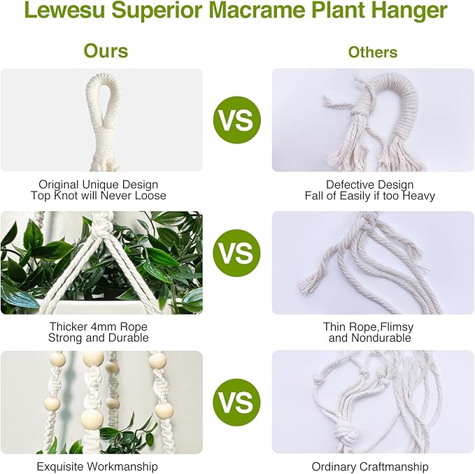 Macrame Plant Hanger Indoor Set of 2 with 4 Hooks, Indoor Outdoor Hanging Planter for Plants Holder with Decorative Wood Beads & No Tassels, Boho Home Decor, 35 Inch Ivory (Pots Not Included)