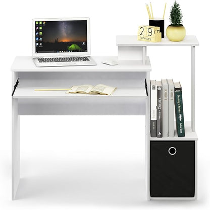 Furinno ECON Desk, 40" Wide Gaming Desk with Keyboard Tray, Computer Desk, Office Desk with Side Shelves and Storage Bin for Home Office, Plain White