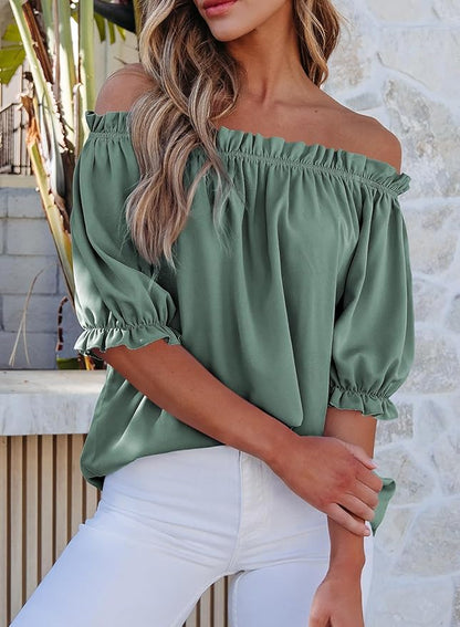 EVALESS Womens Tops Off The Shoulder Blouses for Women Dressy Casual Cute Puff Sleeve T Shirts Fashion 2026