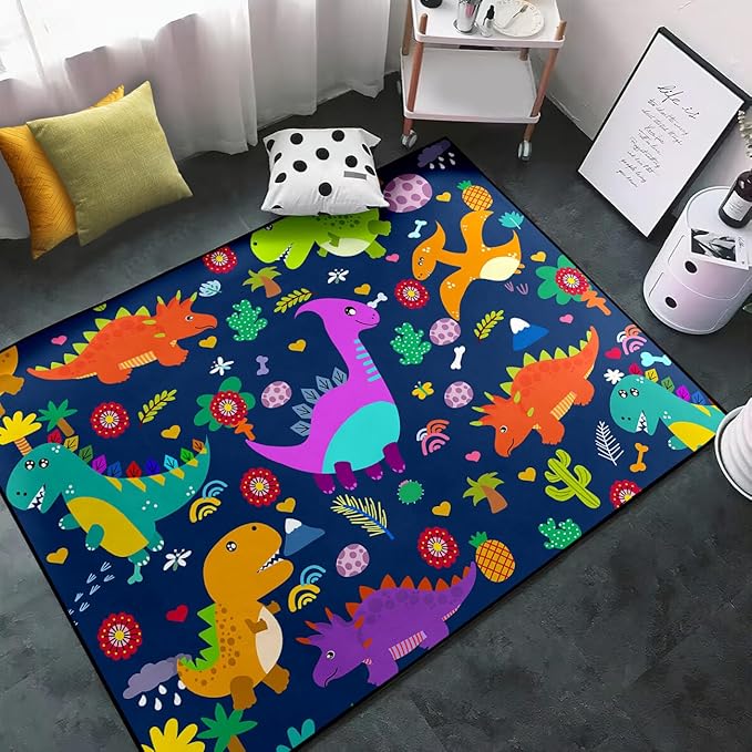 Dinosaur Rugs for Boys Bedroom Dinosaur Play Rug Kids Room Rug Dinosaur Area Rug Cartoon Dinosaur Carpet Cute Dinosaur Mat Dinosaur Rug for Living Room Bedroom Playroom, Blue 4'5''×6'