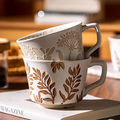 Coffee Mugs Set of 4 with Gold Spoon, 11 oz Ancient Style Hand-painted Ceramic Mug Gifts for Men Women, Unique Personality Gifts for Home Kitchen Office, Dishwasher Microwave Safe
