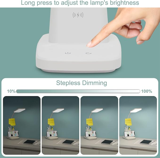 LED Desk Lamp with 10W Wireless Charging & Pen Holder, Snow White | CRI 95, 800LM, Stepless Dimming, 3 Modes, 360°Flexible Arm, Touch, Study Table Lamp for Home Office, Dorm Room, with Adapter
