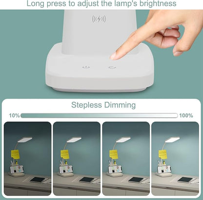 LED Desk Lamp with 10W Wireless Charging & Pen Holder, Snow White | CRI 95, 800LM, Stepless Dimming, 3 Modes, 360°Flexible Arm, Touch, Study Table Lamp for Home Office, Dorm Room, with Adapter