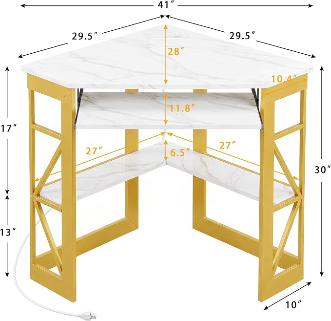 VECELO Corner Desk, Triangle Computer Desk for Small Space with Charging Station and Keyboard Tray, Corner Makeup Table with Storage Shelves for Home Office Bedroom, 41x30, Gold