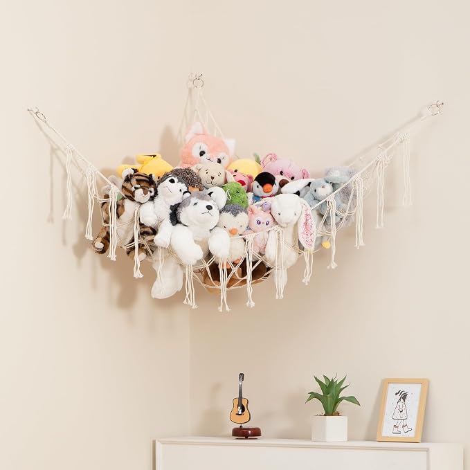 Lilly's Love Stuffed Animal Storage Macrame Hammock, Large - Boho Room Decor Toy Storage - Corner Hanging Plushie Stuffed Animal Net Organizer (White)