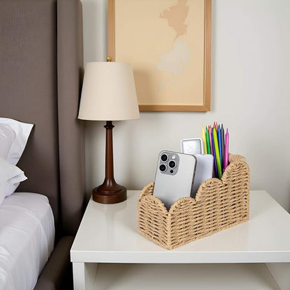 CubesLand Bedside Table Desk Organizer Caddy, Remote Pen&Pencil Holder Cup | Makeup Brush Holder w/Scalloped Perfect for Home, Office Desk, Living Room Table Decor, 3 Slots Beige